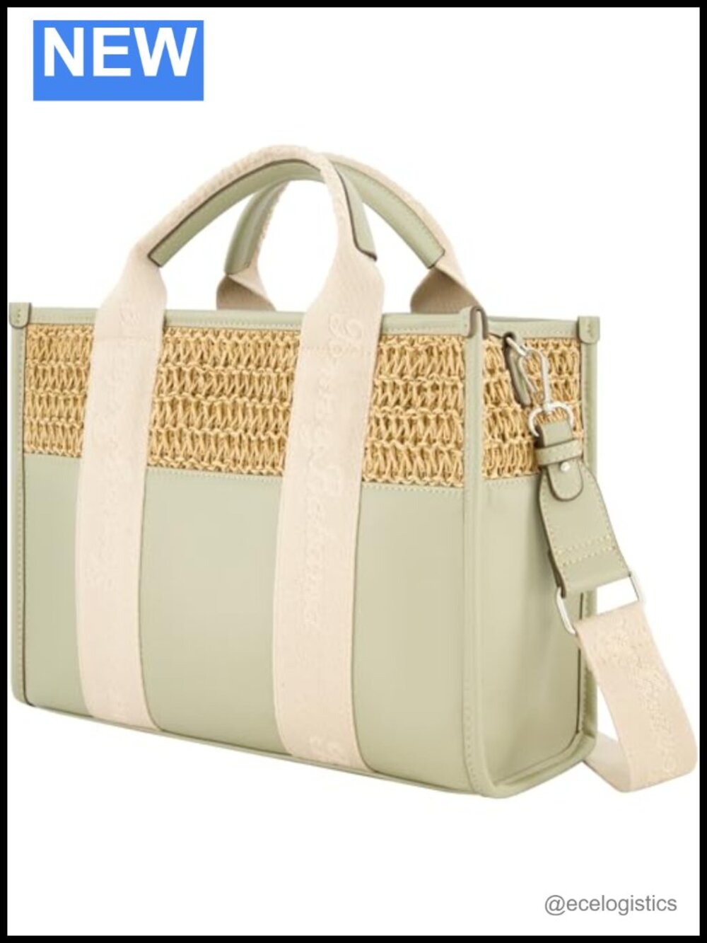 Women's Raffia Straw Tote Bag with Leather Accents, Adjustable Shoulder Strap,